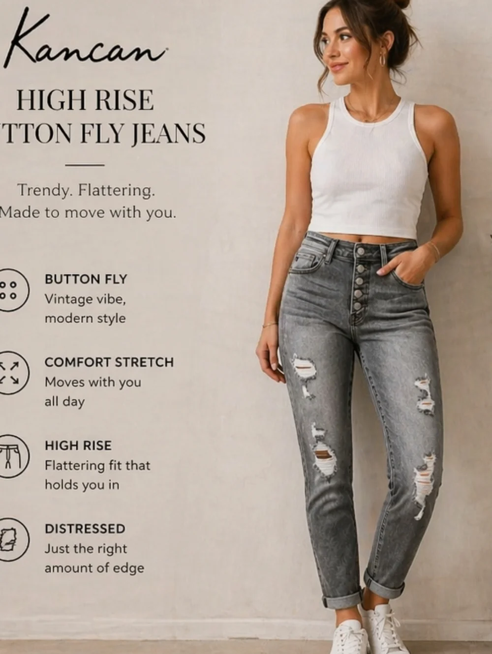 Kancan High Rise Button Fly Distressed Jeans – Gray Wash 🔥